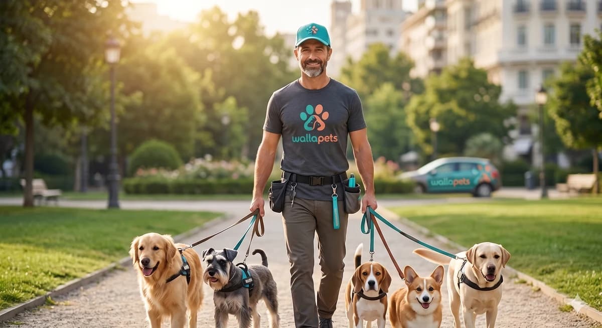 Paseador del Equipo Wallapets · uniformado con gorra y camiseta oficial